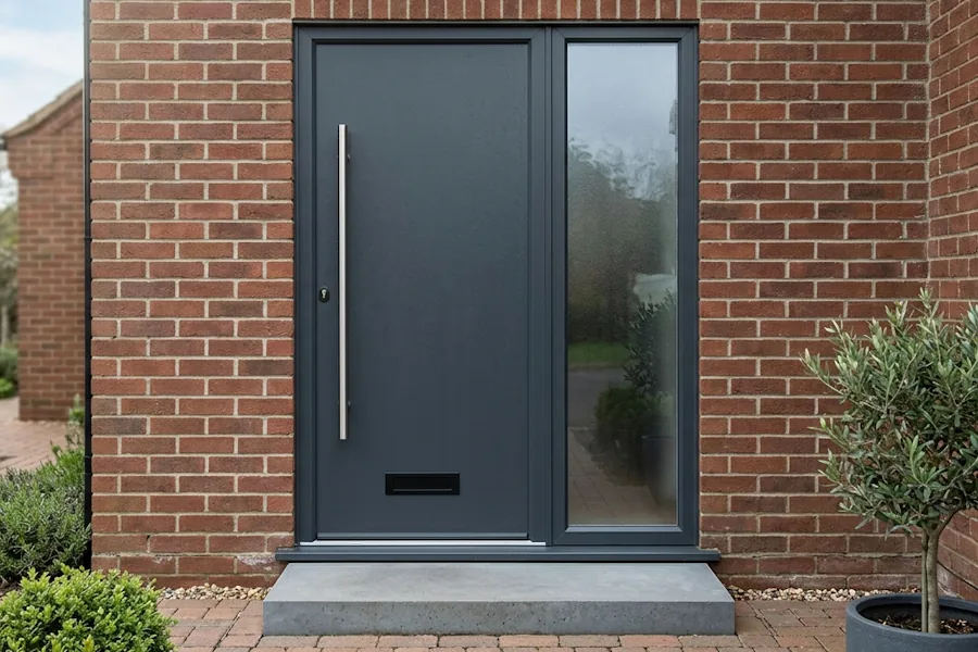 Nieuwe voordeur in een bakstenen gevel, met zijlicht